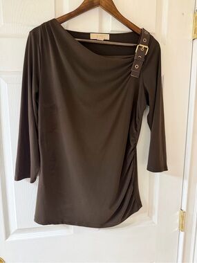 Michael Kors Olive Brown Asymmetric Buckle Long Sleeve Top